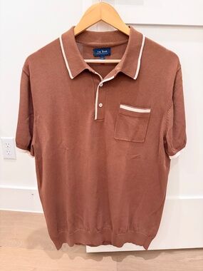 The Tie Bar Burnt Orange Knit Polo Sweater Shirt White Trim Pocket Large